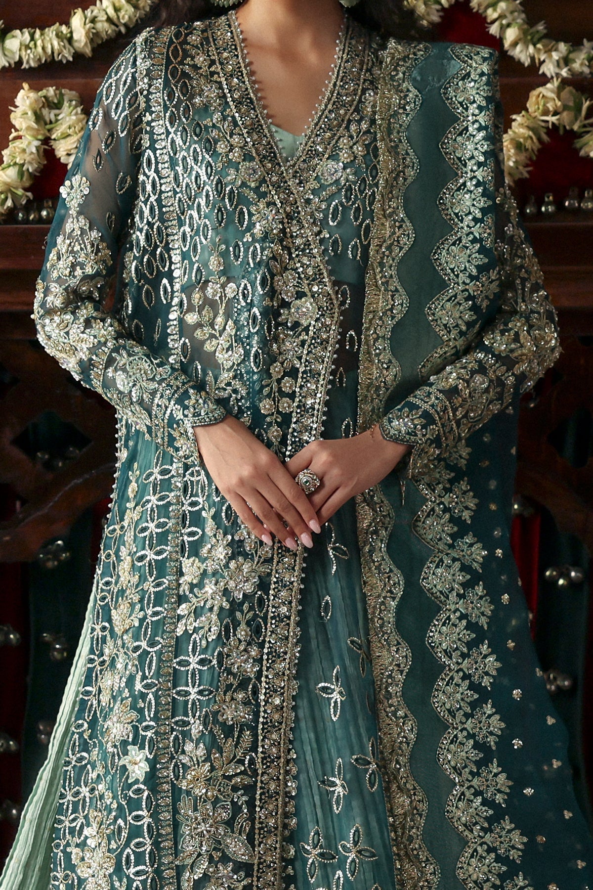 Teal green Organza Pakistani wedding suit full styled look - Aangan