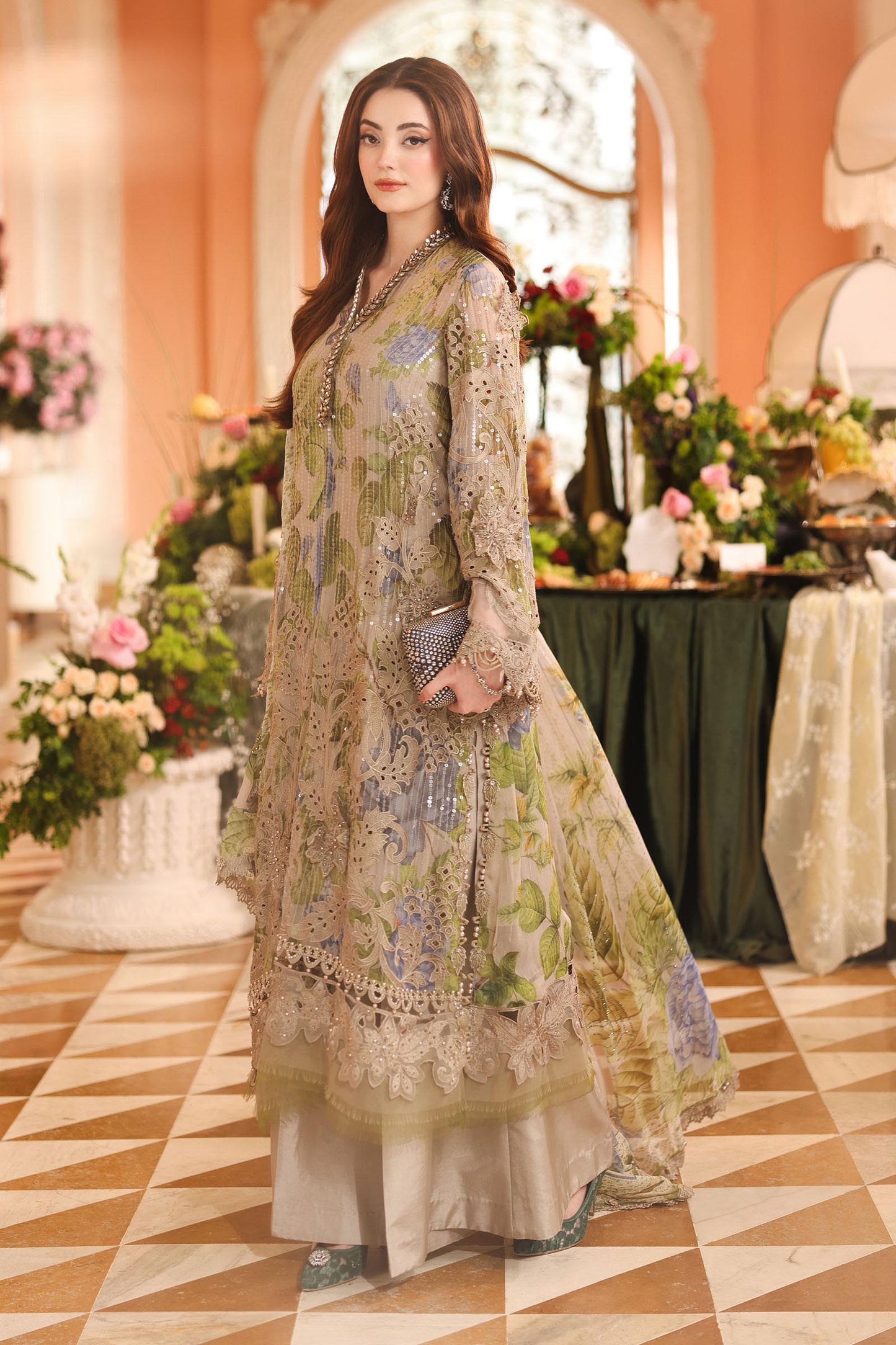 Maria.B 3 Piece Embroidered Chiffon Suit in Coffee - full styled look