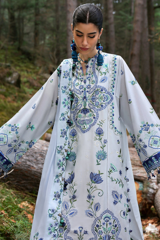 Zaha Summer 2025 unstitched embroidered lawn suit with satin borders, voile dupatta, and cambric trousers—ideal for festive wear.