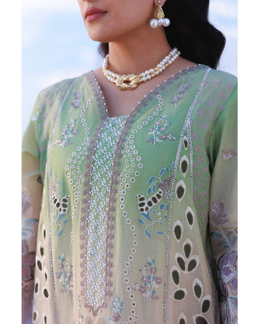 Nureh Aman Lawn 2026=Emelfie NE-228 Aangan the essence of lawn & chiffon