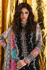 Woman in traditional attire with intricate designs against a gold background