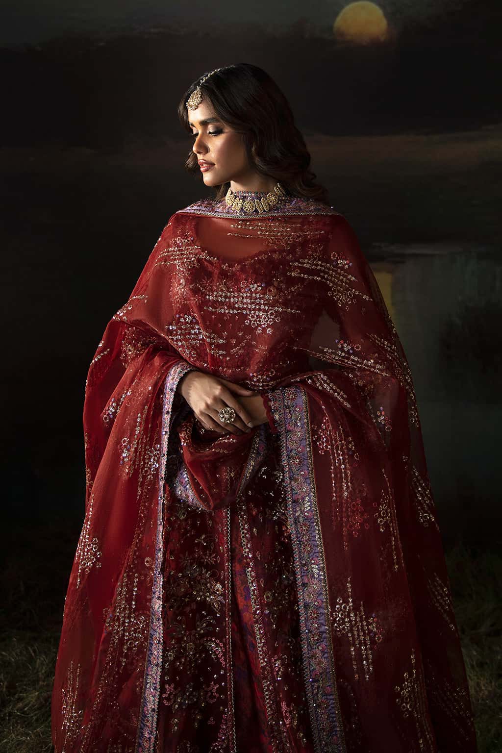 
Close-up of intricate hand embroidery on Afrozeh Anaya Pakistani formal wear


