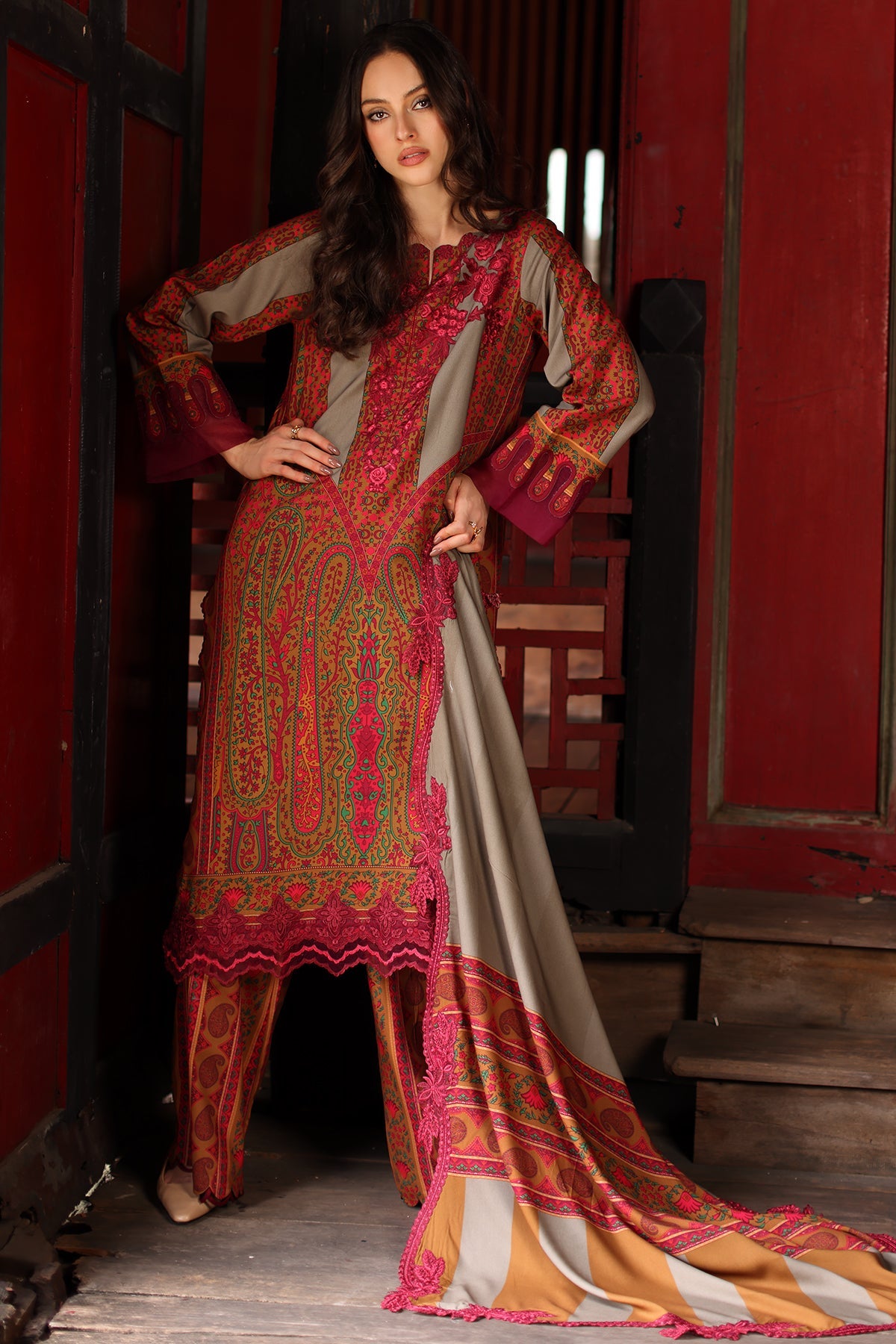 Aangan Charizma CCW7-04 embroidered linen shirt front with chock patti