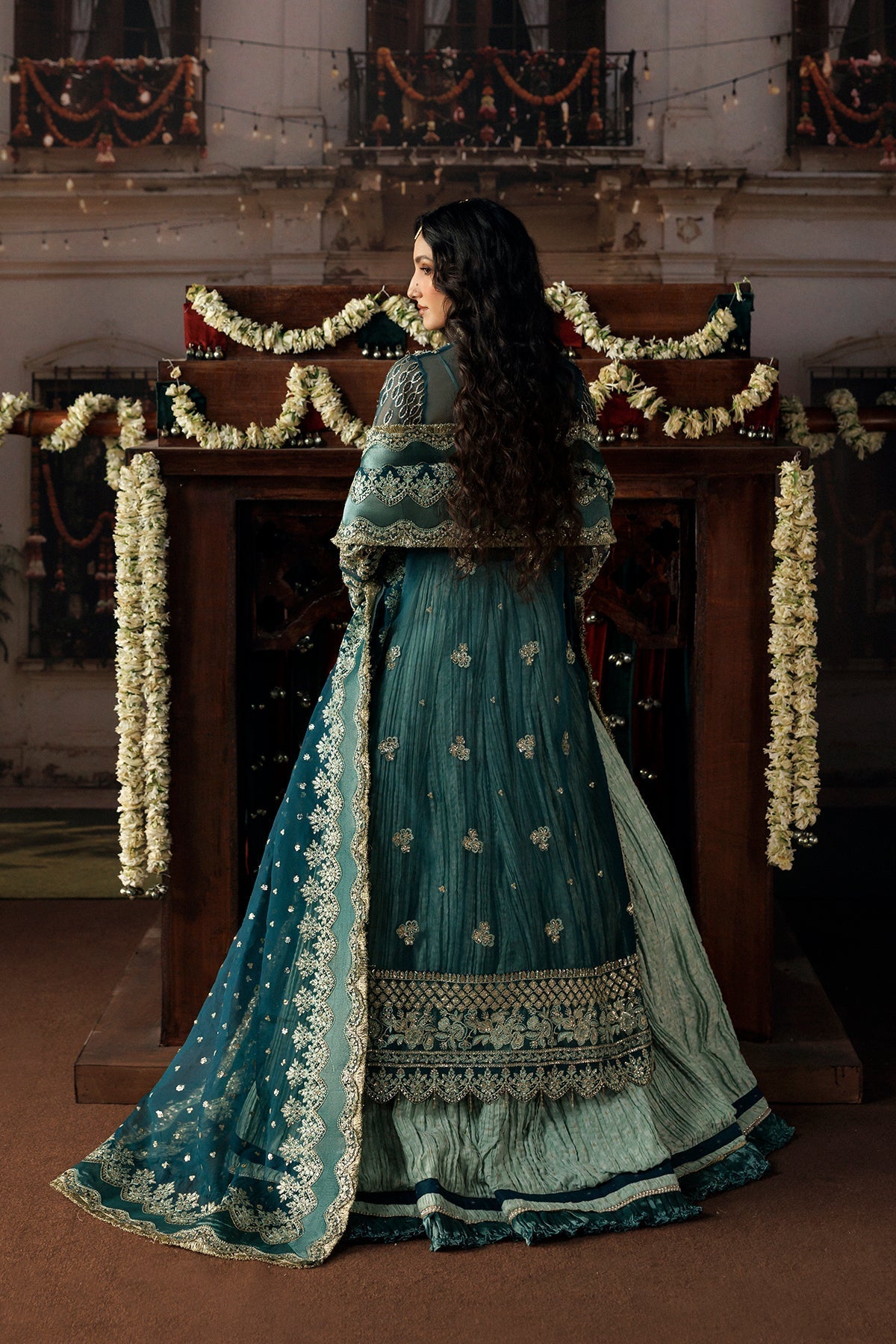 Teal green Organza Pakistani wedding suit dupatta detail - Aangan