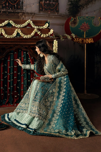 Teal green Organza Pakistani wedding suit embroidered panel close-up - Aangan