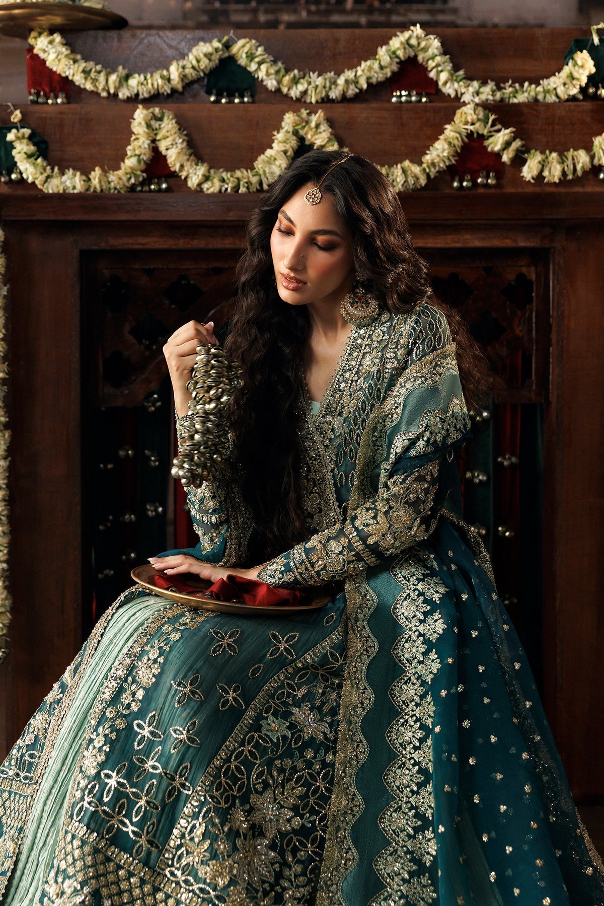 Teal green Organza Pakistani wedding suit trouser detail - Aangan