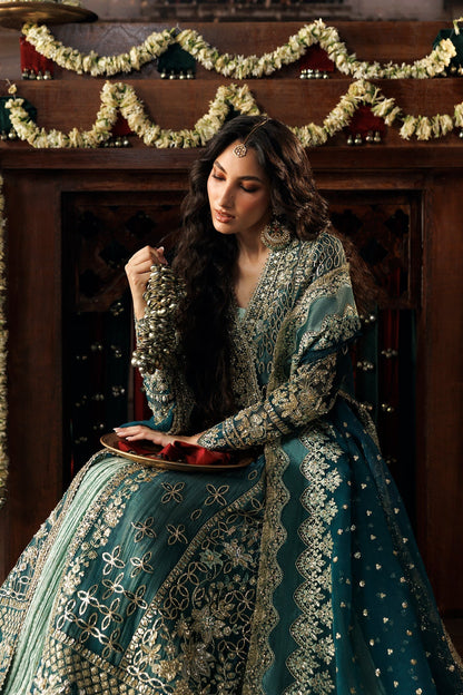 Teal green Organza Pakistani wedding suit trouser detail - Aangan
