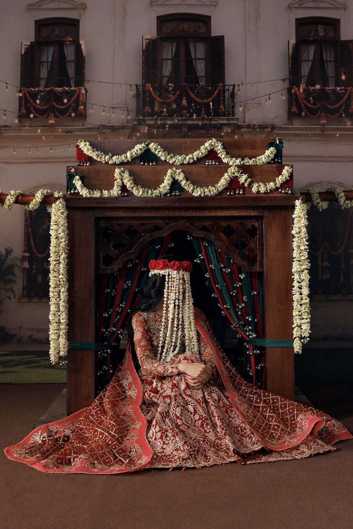 Red Organza Pakistani wedding suit sleeve embellishment detail - Aangan
