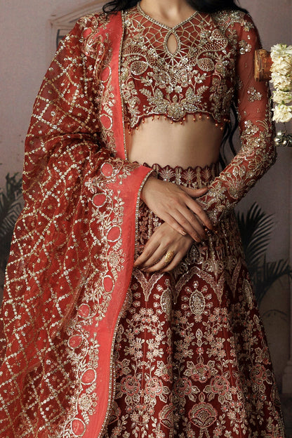 Red Organza Pakistani wedding suit embroidered panel close-up - Aangan