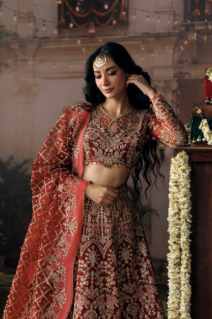 Red Organza Pakistani wedding suit trouser detail - Aangan