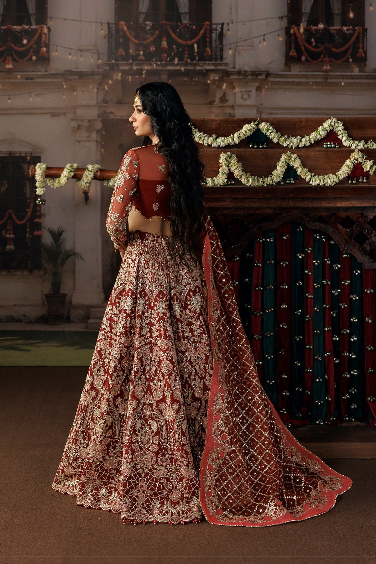 Red Organza Pakistani wedding suit dupatta detail - Aangan
