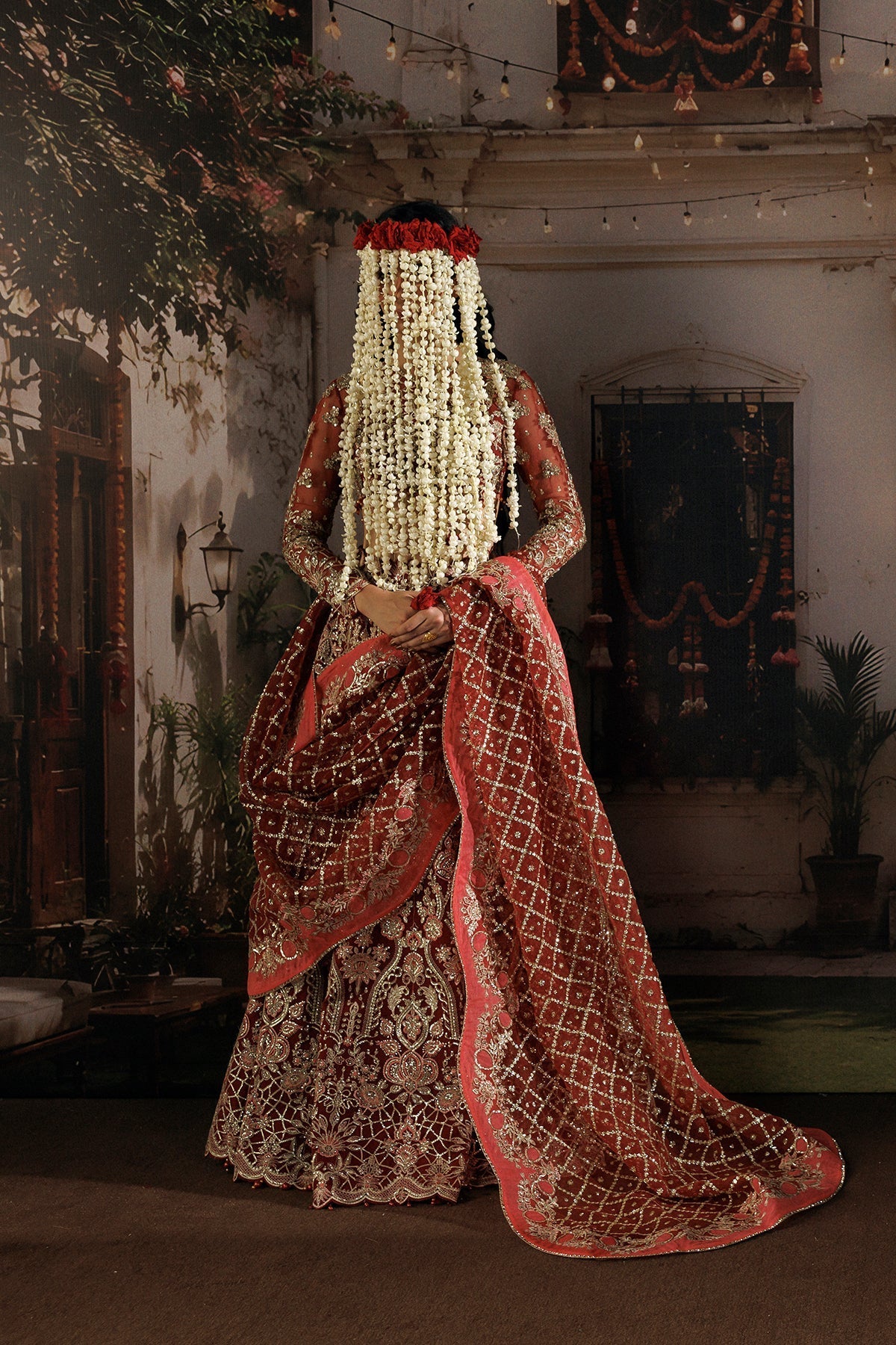 Red Organza Pakistani wedding suit full styled look - Aangan