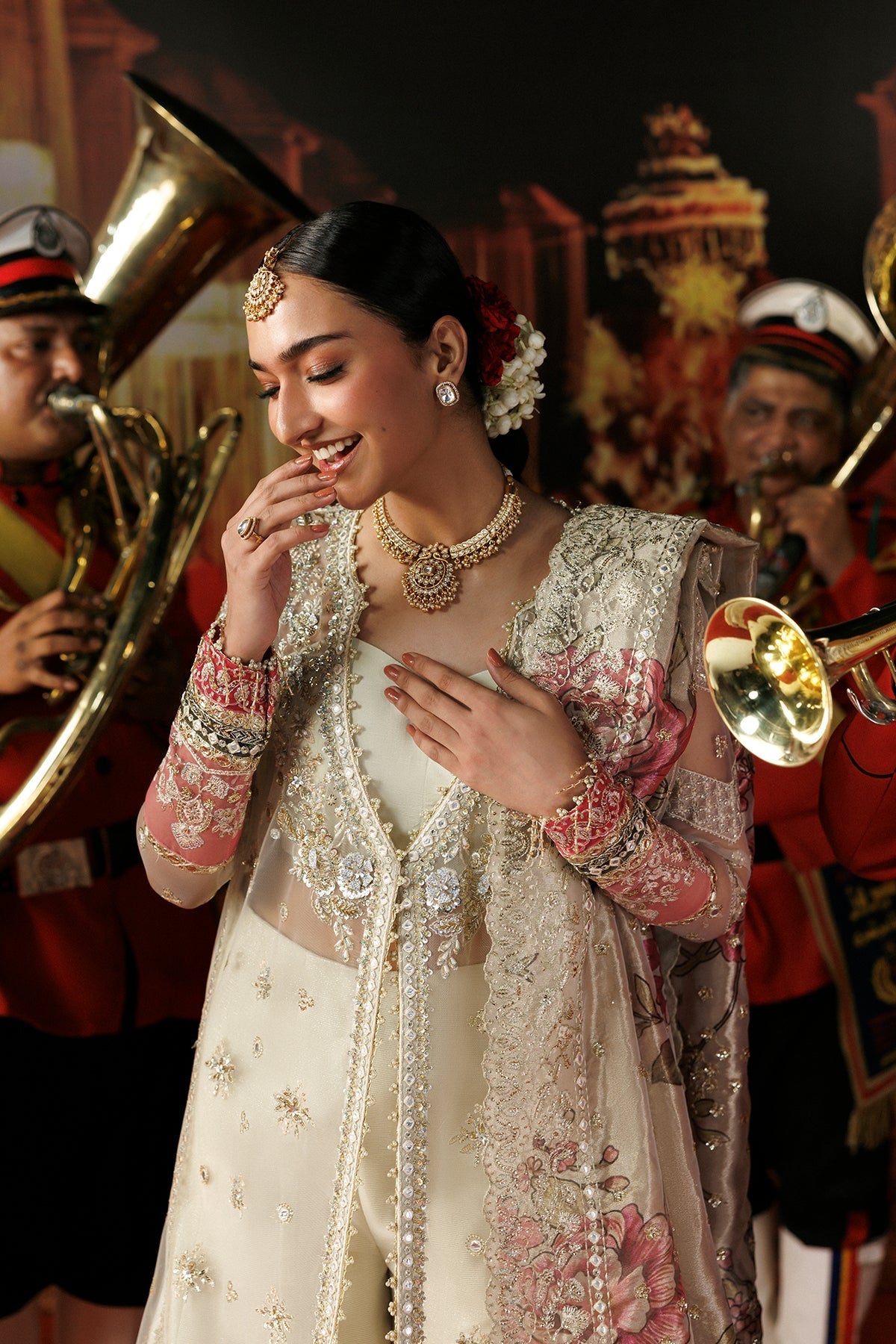 Off white embroidered Pakistani bridal suit sleeve detail - Aangan