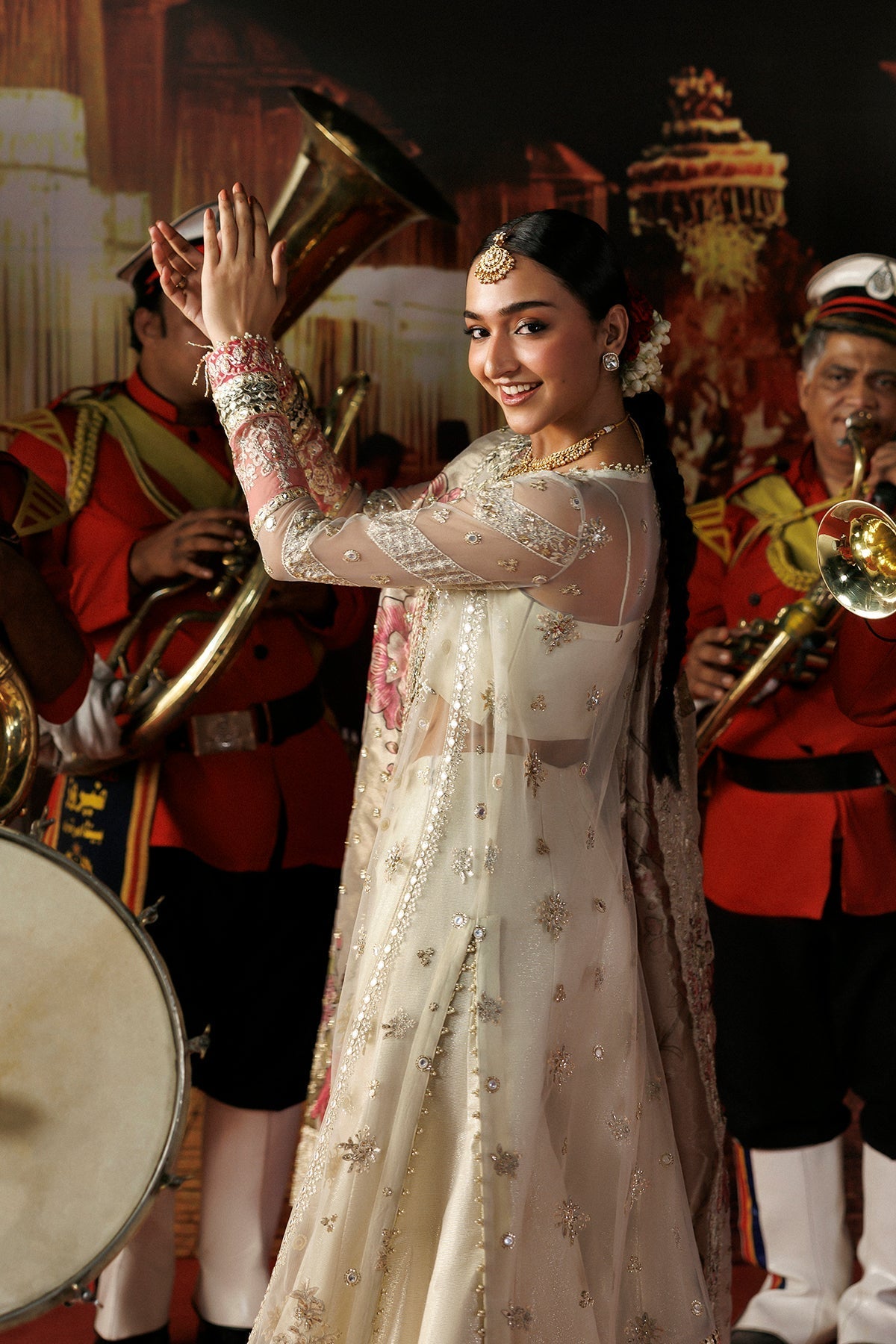 Off white embroidered Pakistani bridal suit full styled look - Aangan