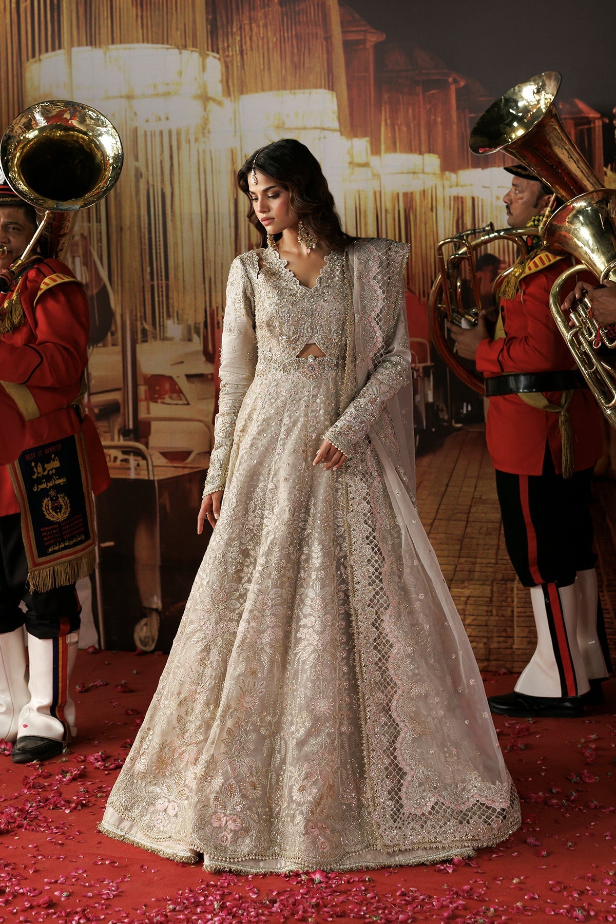 Skin Organza Pakistani wedding suit front view with silver embroidery - Aangan