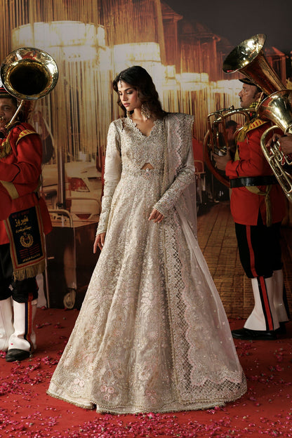 Skin Organza Pakistani wedding suit front view with silver embroidery - Aangan