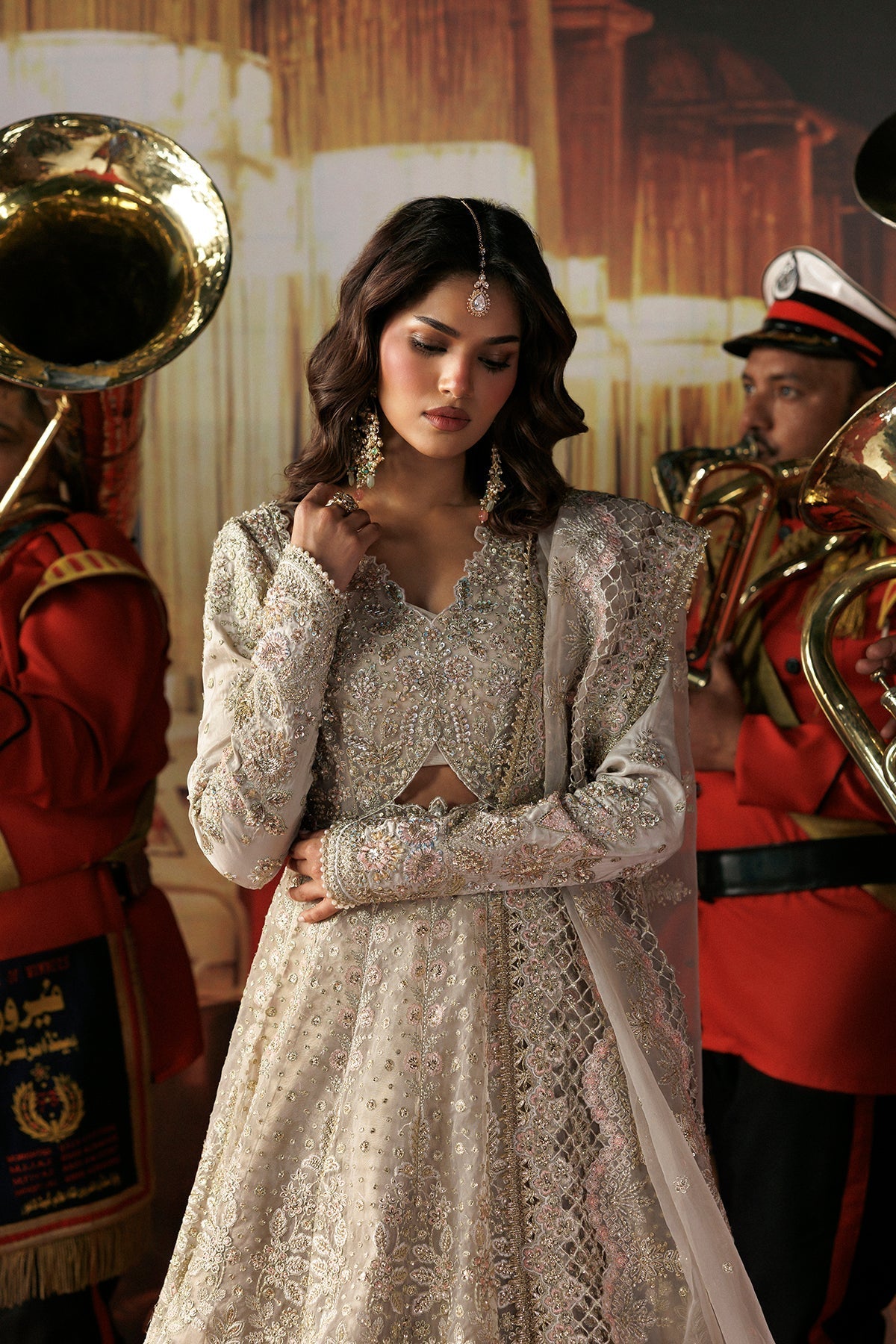 Skin Organza Pakistani wedding suit sleeve embellishment detail - Aangan