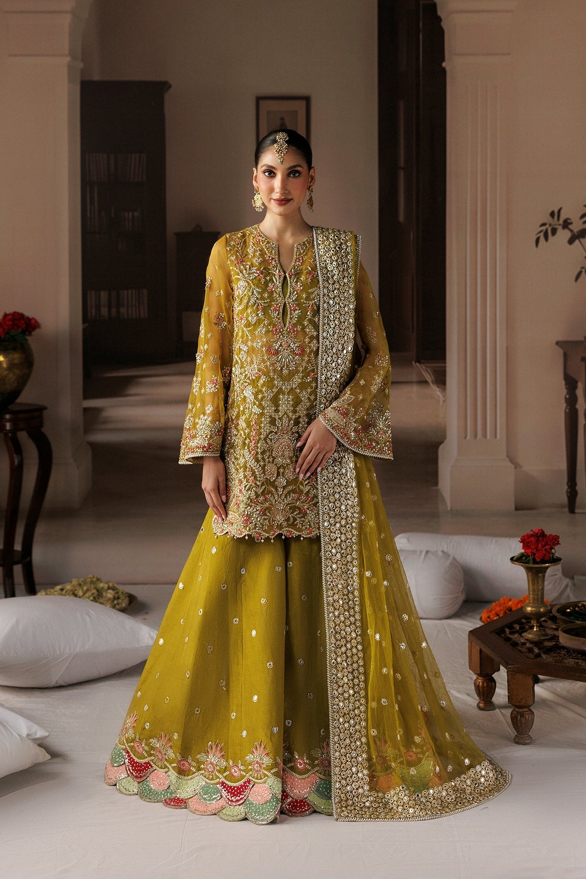 Dark yellow Organza Pakistani wedding suit front view with floral embroidery - Aangan
