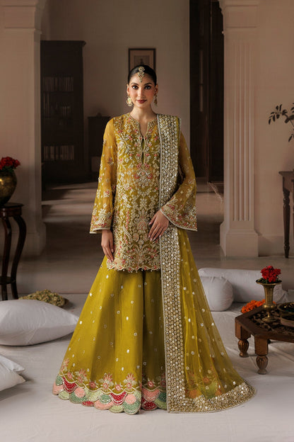 Dark yellow Organza Pakistani wedding suit front view with floral embroidery - Aangan