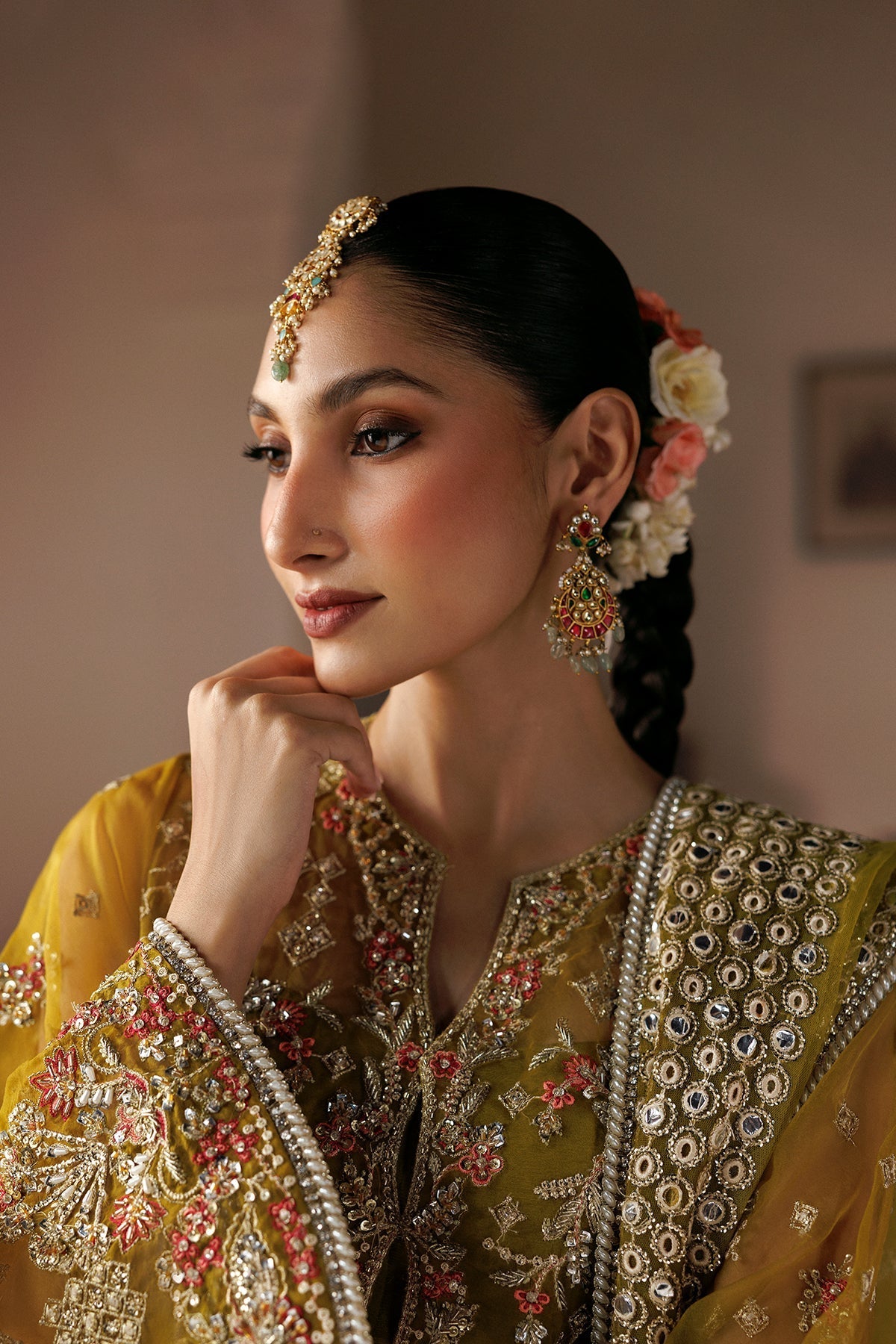 Dark yellow Organza Pakistani wedding suit full styled look - Aangan