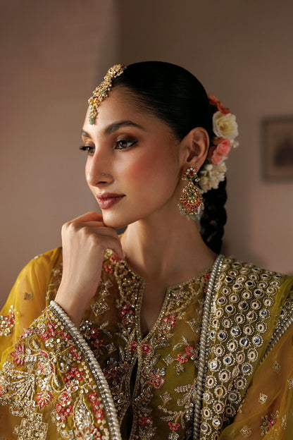 Dark yellow Organza Pakistani wedding suit full styled look - Aangan