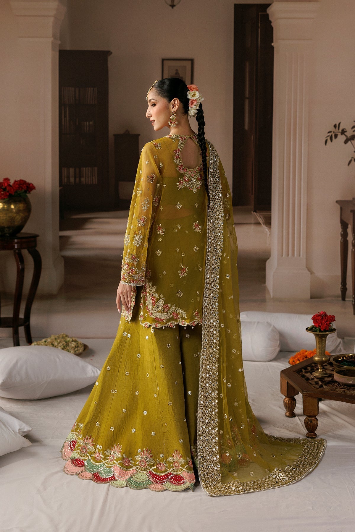 Dark yellow Organza Pakistani wedding suit dupatta detail - Aangan