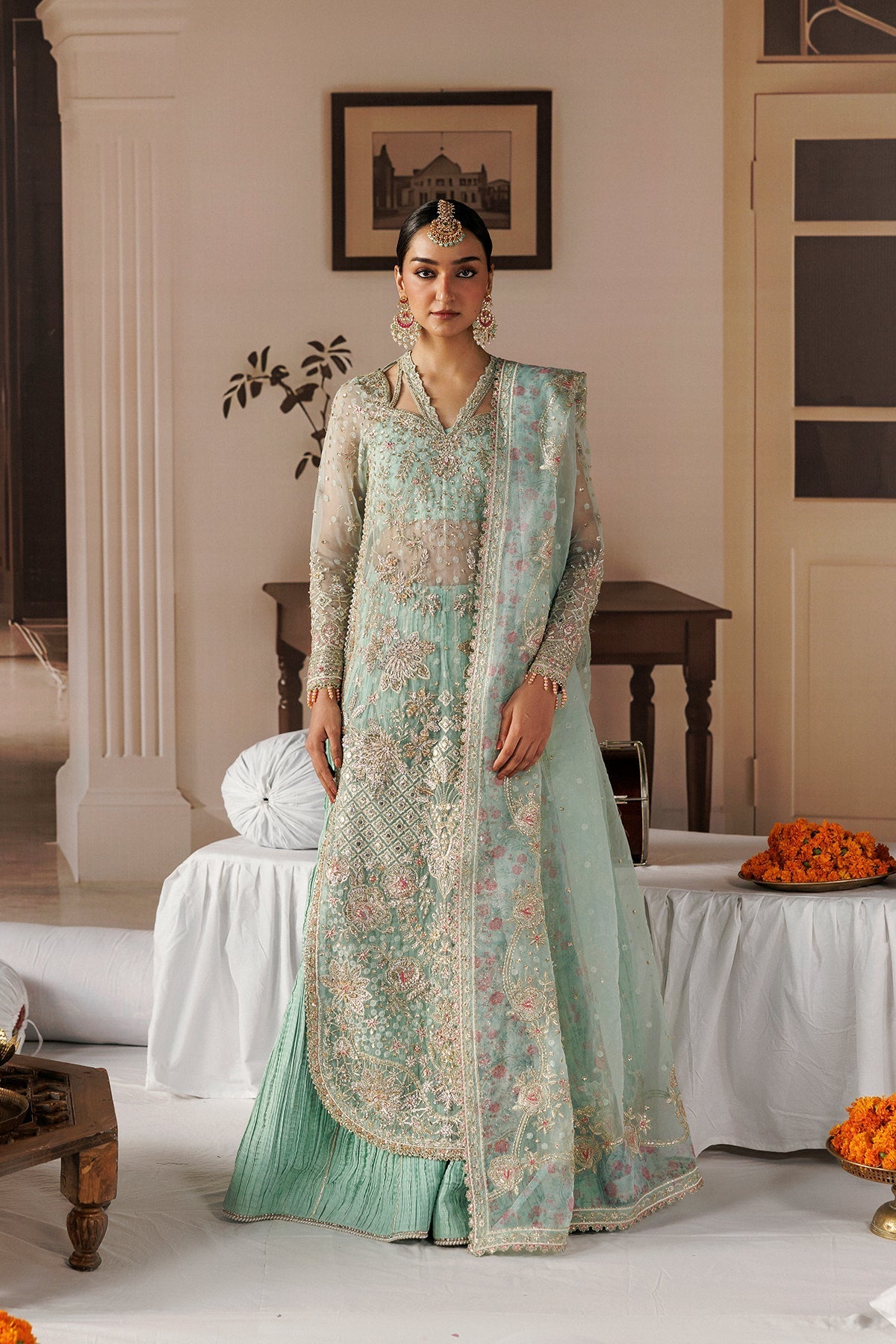 Aqua Organza Pakistani wedding suit front view with floral embroidery - Aangan