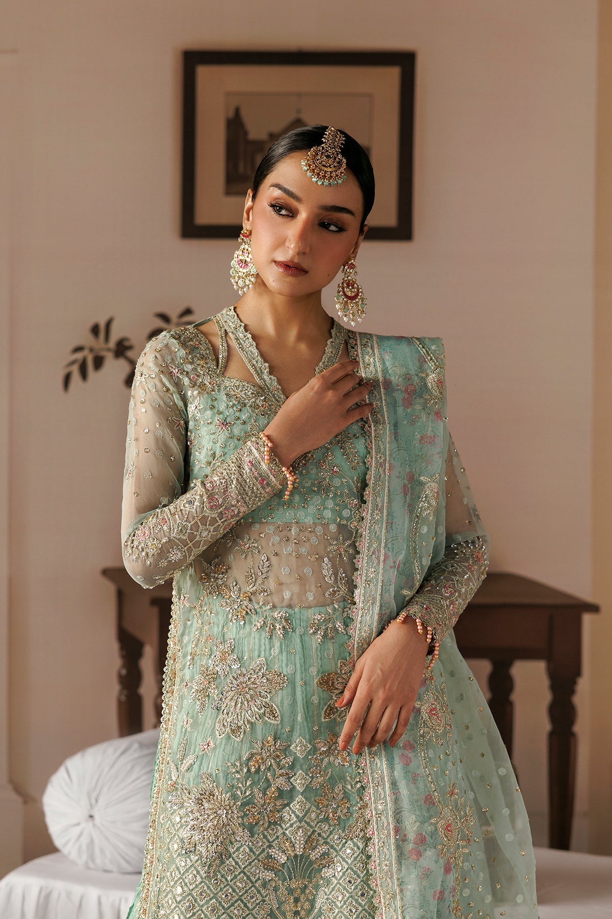 Aqua Organza Pakistani wedding suit sleeve embellishment detail - Aangan