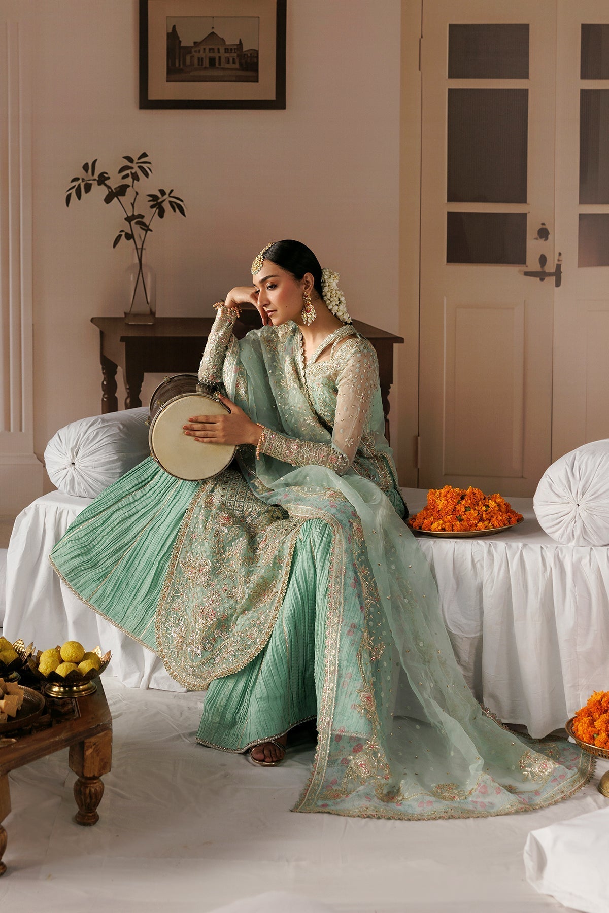 Aqua Organza Pakistani wedding suit full styled look - Aangan