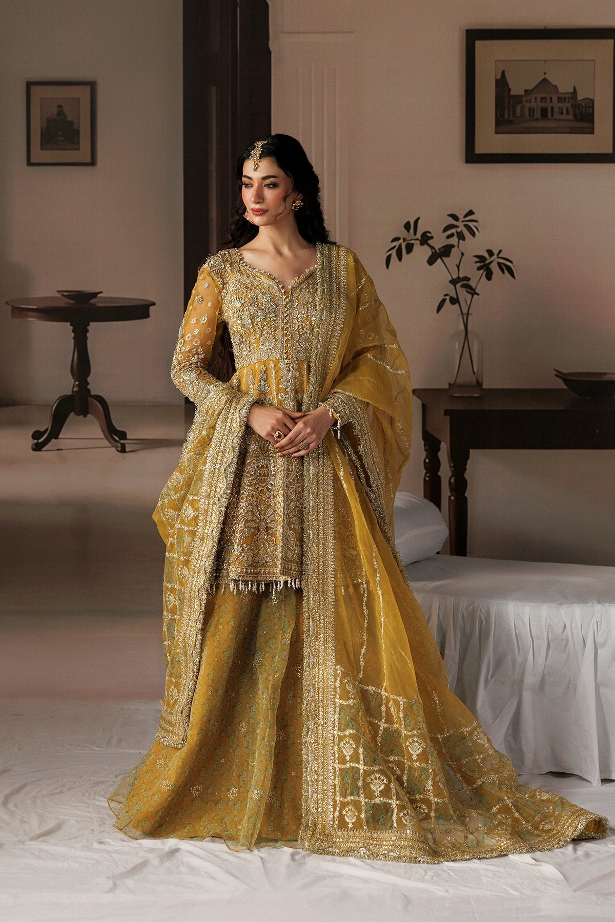 Golden Organza Pakistani wedding suit front view with silver embroidery - Aangan