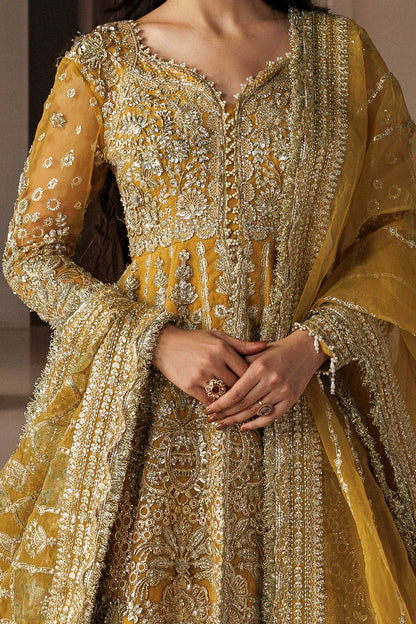 Golden Organza Pakistani wedding suit embroidered panel close-up - Aangan