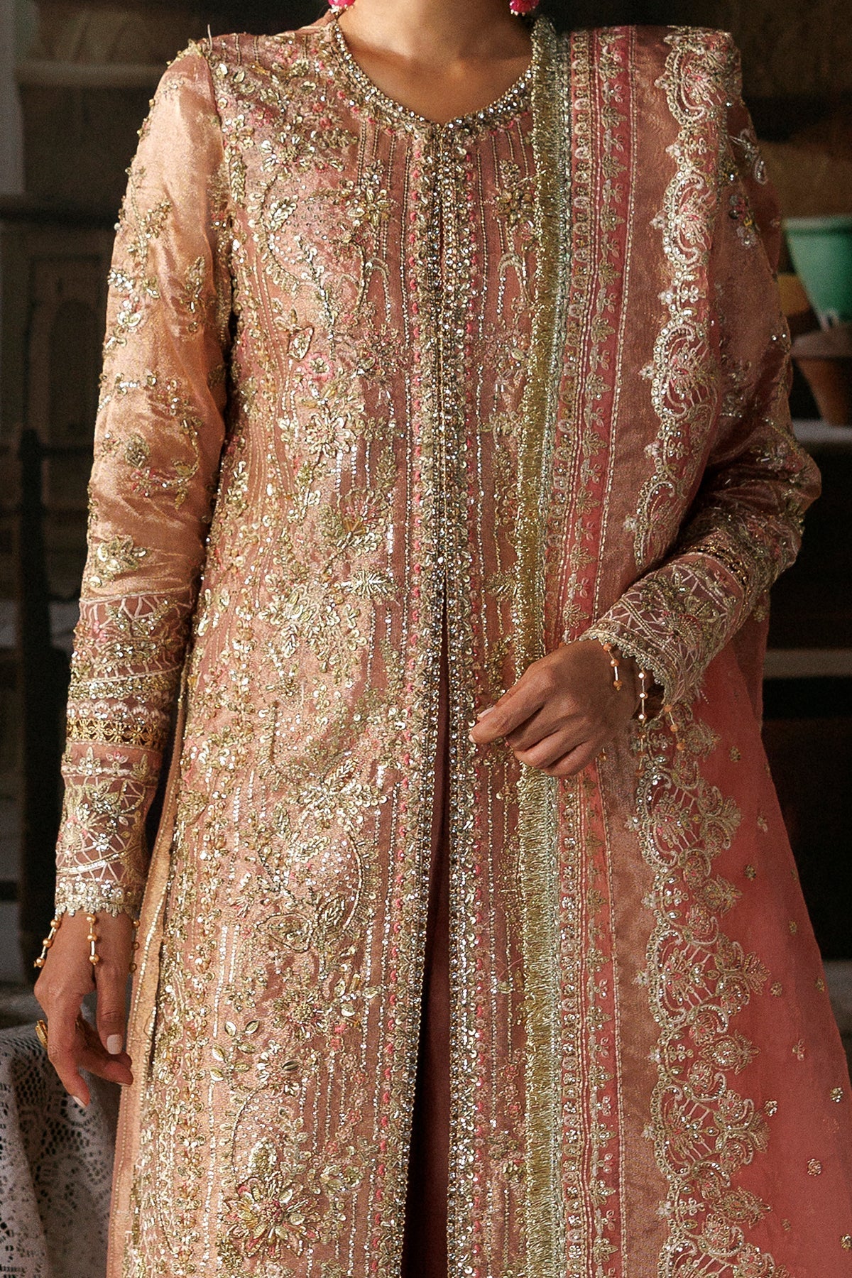 Peach-gold Organza Pakistani bridal suit embroidered panel close-up - Aangan