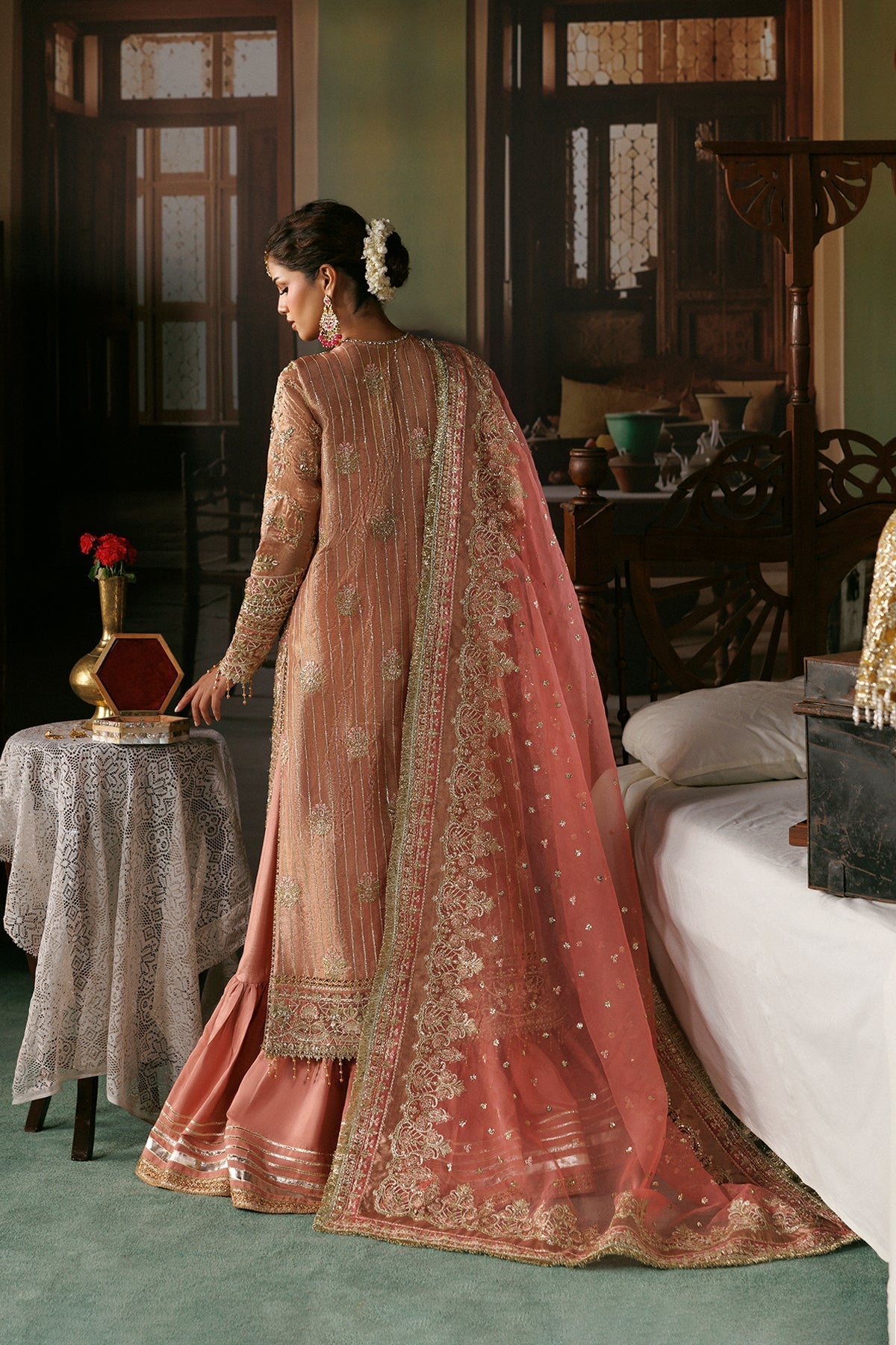 Peach-gold Organza Pakistani bridal suit dupatta detail - Aangan
