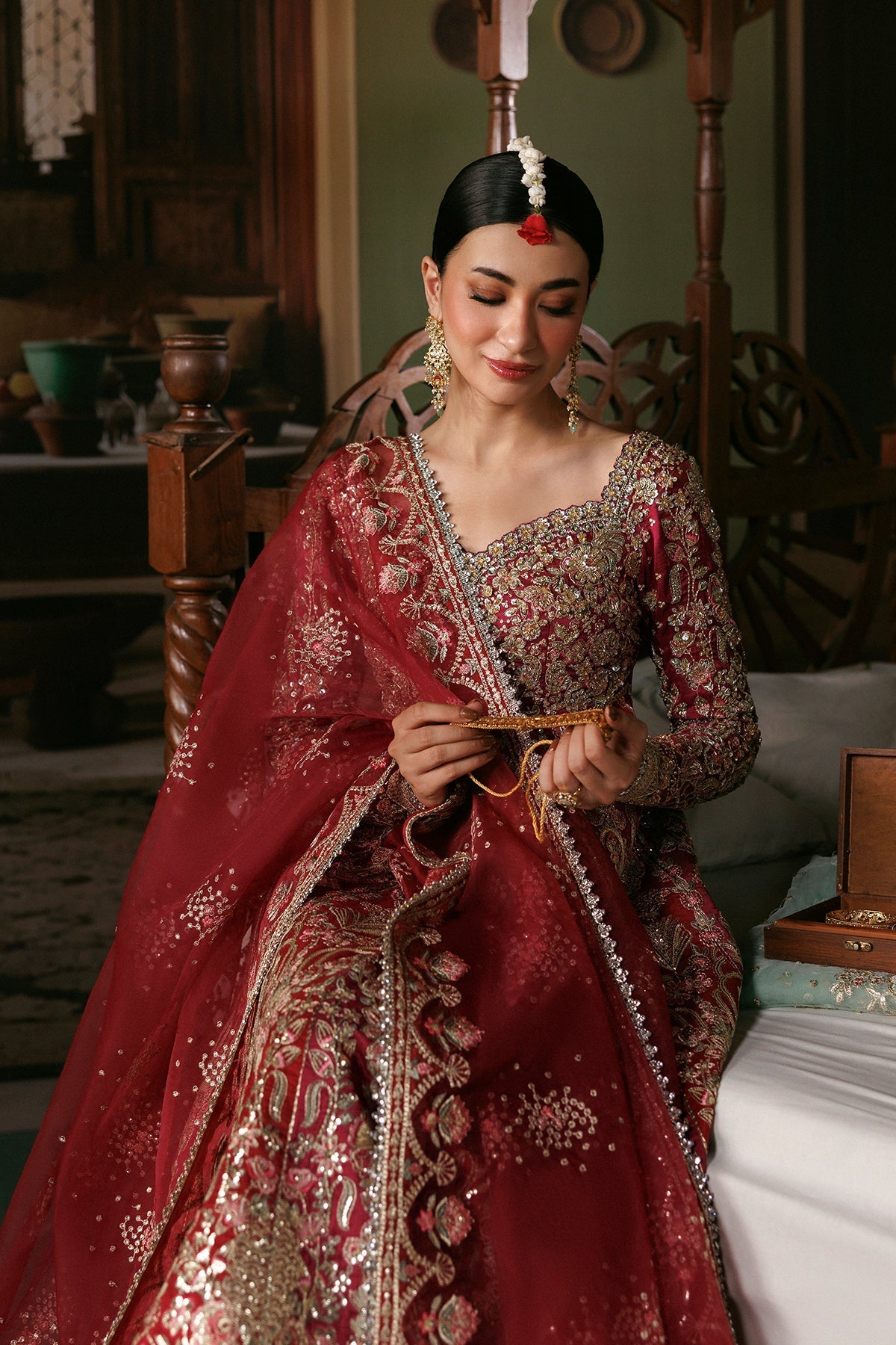 Magenta Raw Silk Pakistani wedding suit sleeve detail - Aangan