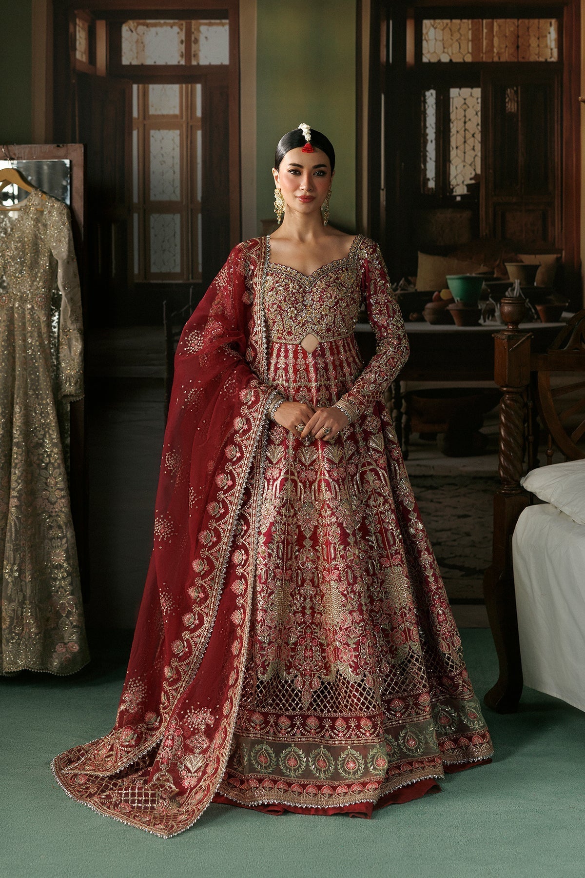 Magenta Raw Silk Pakistani wedding suit front view with silver embroidery - Aangan