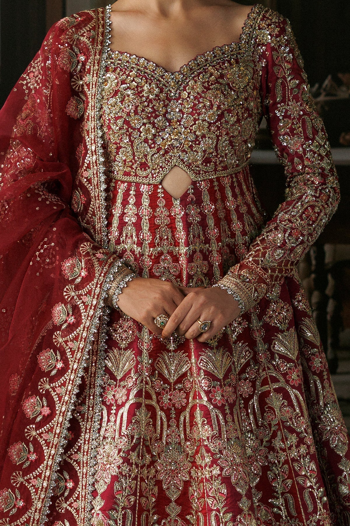 Magenta Raw Silk Pakistani wedding suit embroidered panel close-up - Aangan