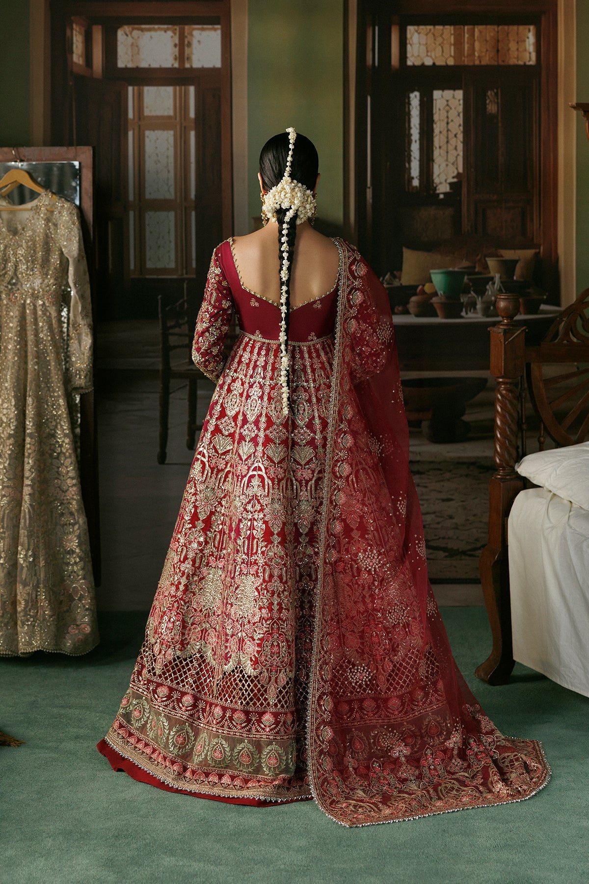 Magenta Raw Silk Pakistani wedding suit dupatta detail - Aangan