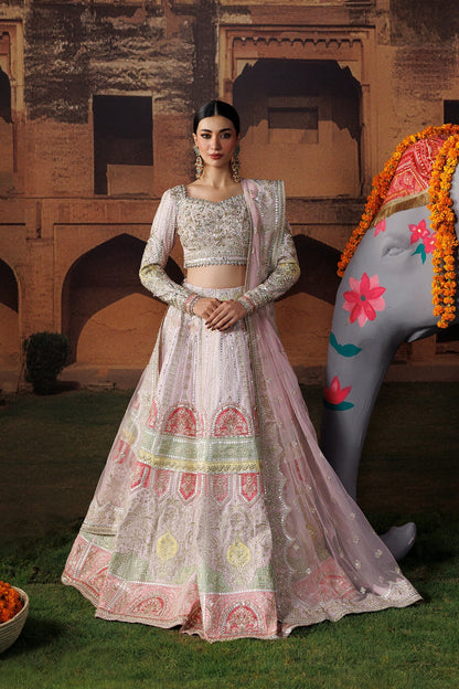 Baby pink Raw Silk Pakistani wedding suit front view with silver embroidery - Aangan