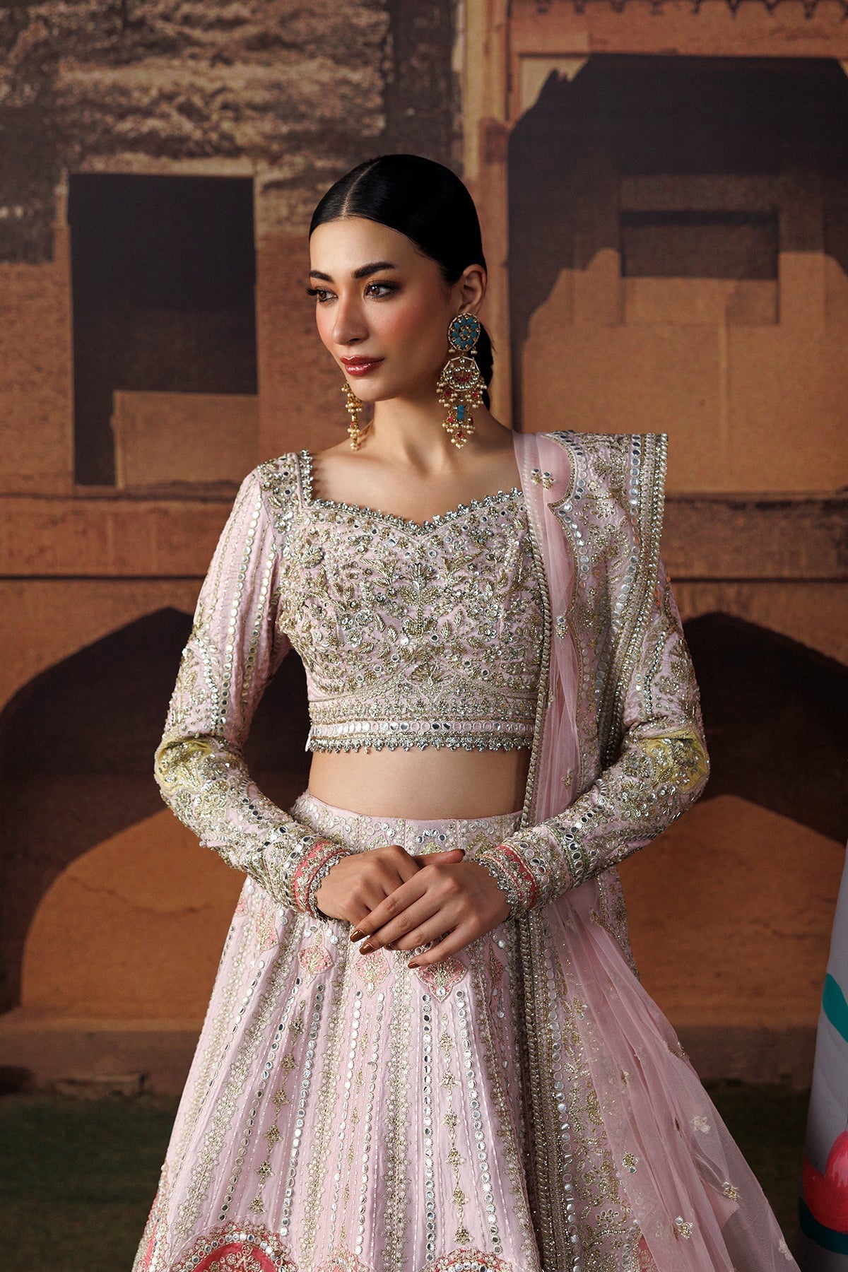Baby pink Raw Silk Pakistani wedding suit full styled look - Aangan
