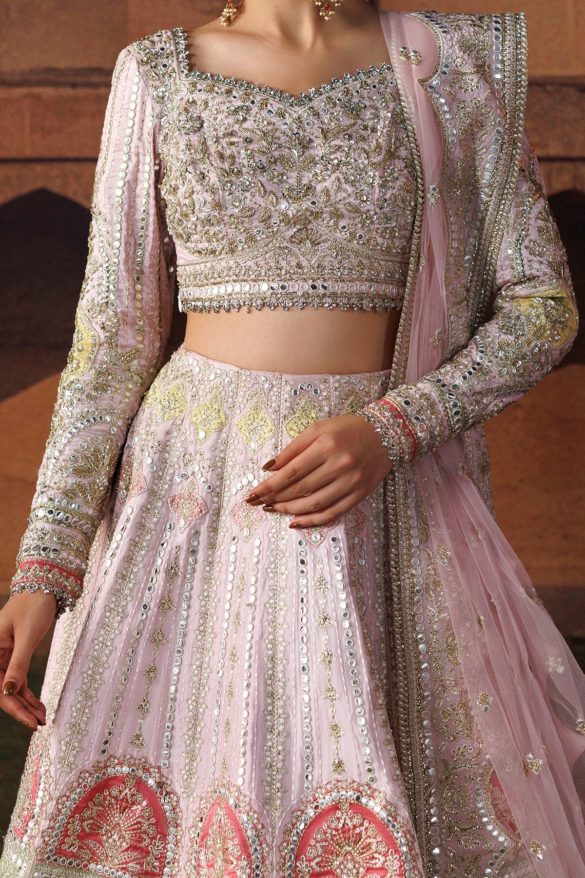 Baby pink Raw Silk Pakistani wedding suit embroidered panel close-up - Aangan