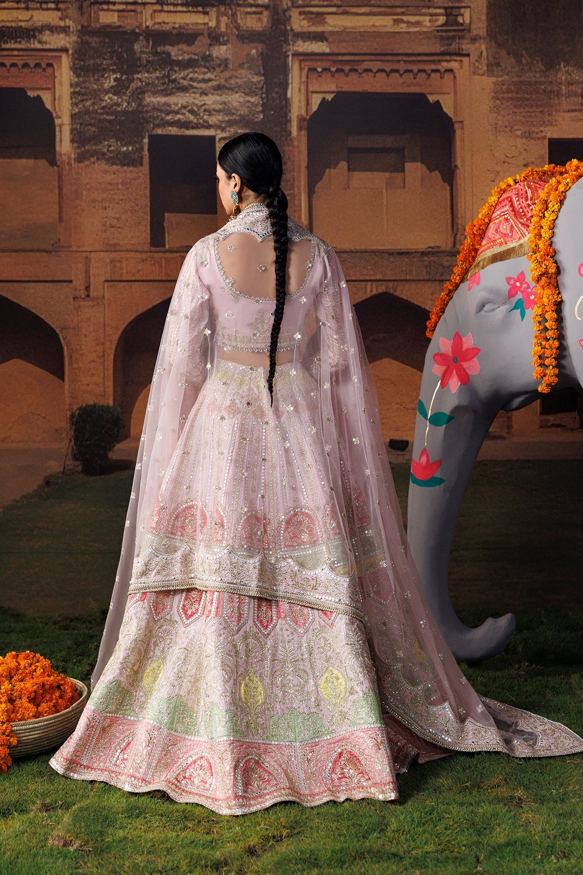 Baby pink Raw Silk Pakistani wedding suit dupatta border detail - Aangan