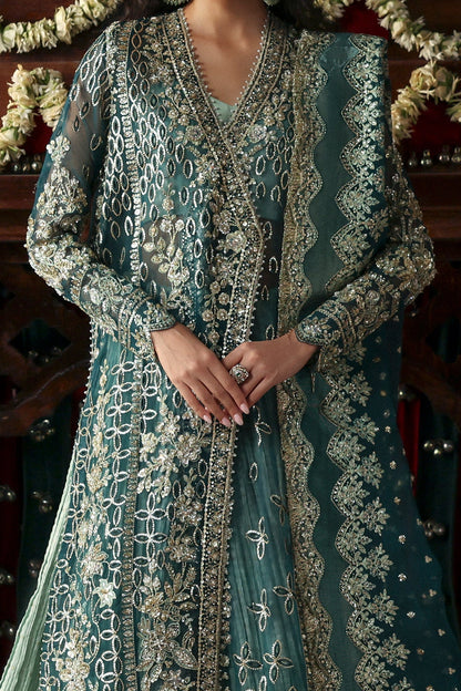 Teal green Organza Pakistani wedding suit full styled look - Aangan