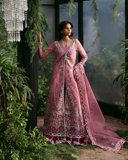 Woman in a pink embroidered traditional outfit standing in a decorative setting with plants and a chandelier.