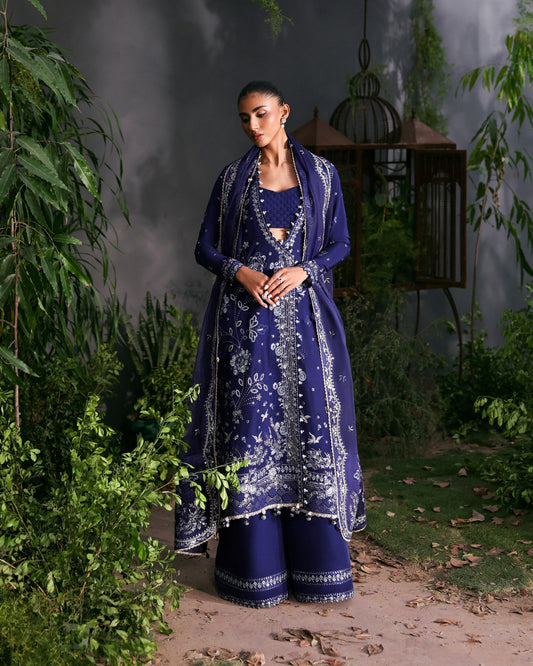 Afrozeh LaFuchsia '25 – Blue Raw Silk & Organza Embroidered Unstitched 3-PC Suit