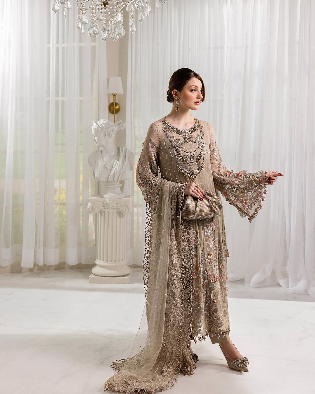 - "Maria B MPC-25-107 embroidered chiffon suit in beige
