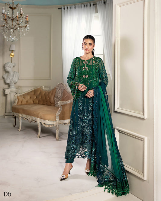 - "Maria B Chiffon 2025 MPC-25-106 emerald green embroidered chiffon suit for weddings and festive wear
