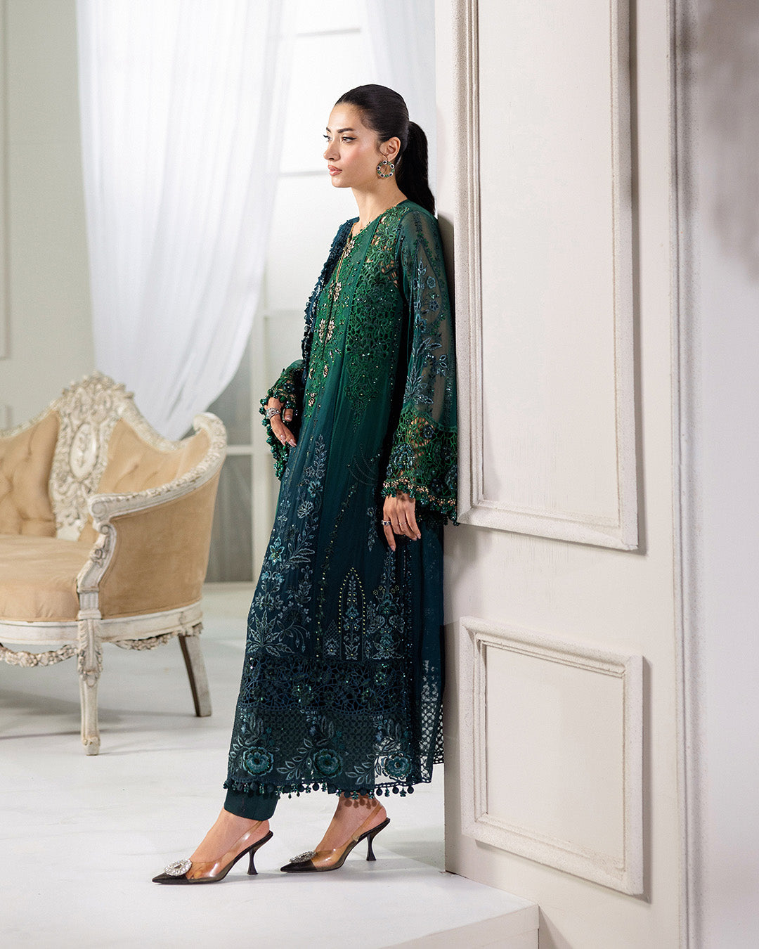 - "Maria B MPC-25-106 embroidered chiffon front panel with handwork for bridal and formal wear"
