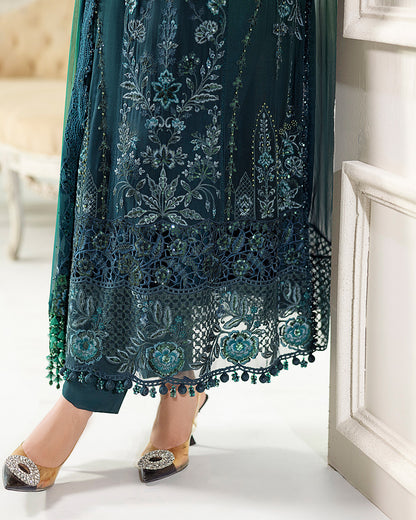 - "Maria B Chiffon 2025 MPC-25-106 emerald green embroidered chiffon suit for weddings and festive wear
