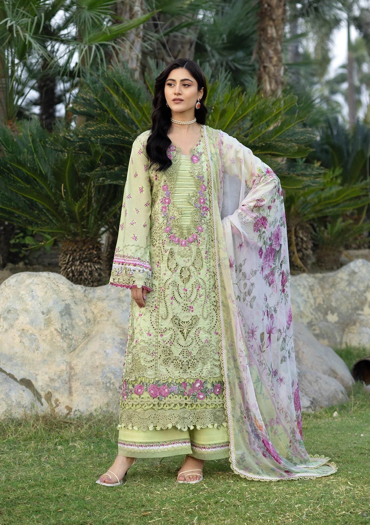 Elaf Chikankari Prints Lawn 2026=ERC--2A HINA Aangan the essence of lawn & chiffon