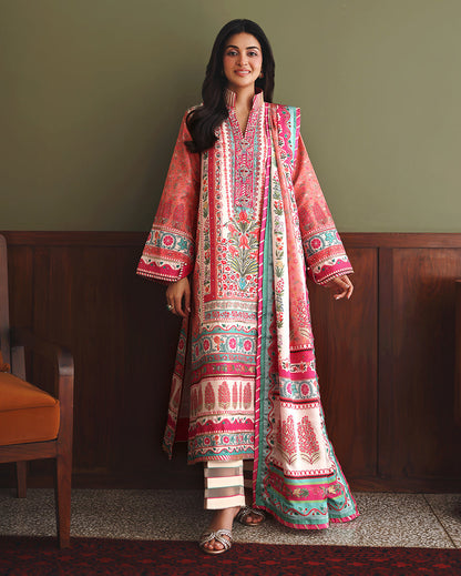 Mushq Born Ready unstitched printed raw silk suit in Peach - front view